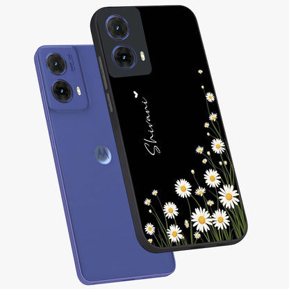 Daisy Cascade Custom Name Glass Case displayed in angled mockup highlighting delicate daisy artwork with custom name feature.