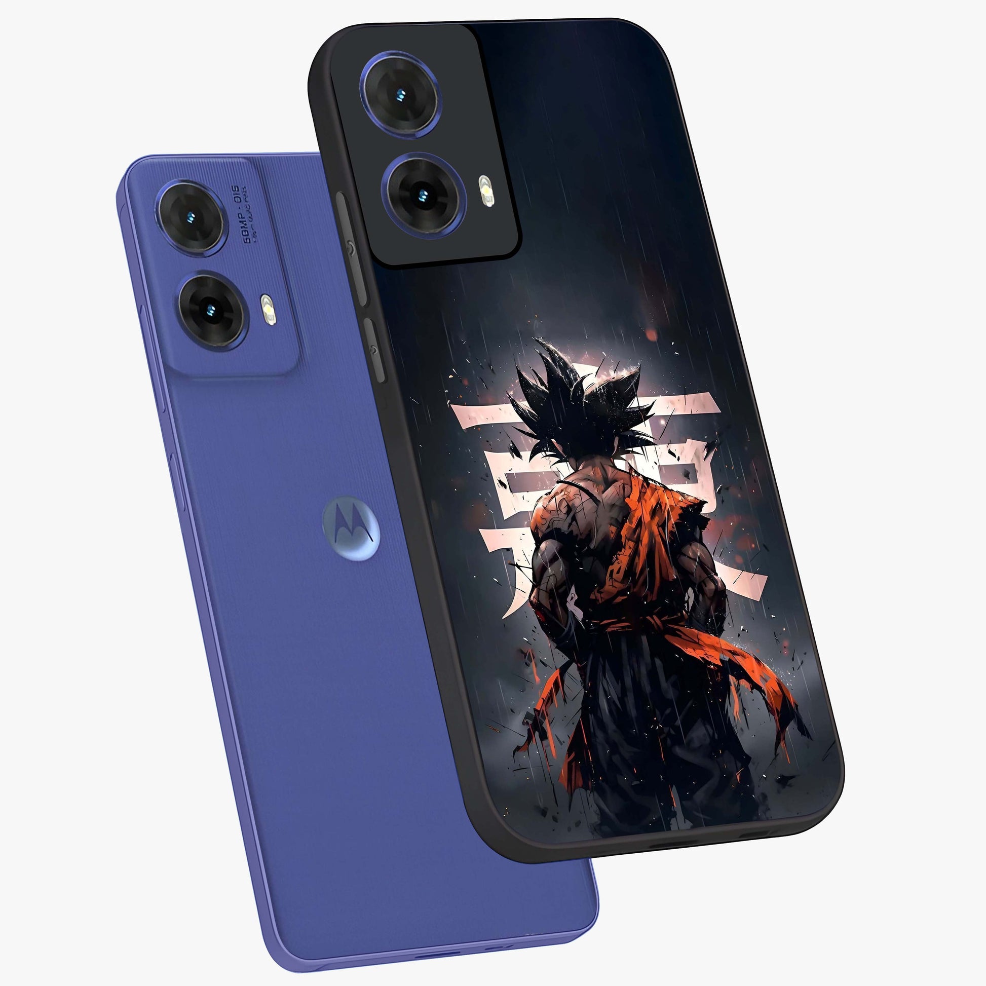 Dark Warrior In Rain Glass Case displayed in angled mockup highlighting dramatic warrior illustration with dark rain aesthetic.