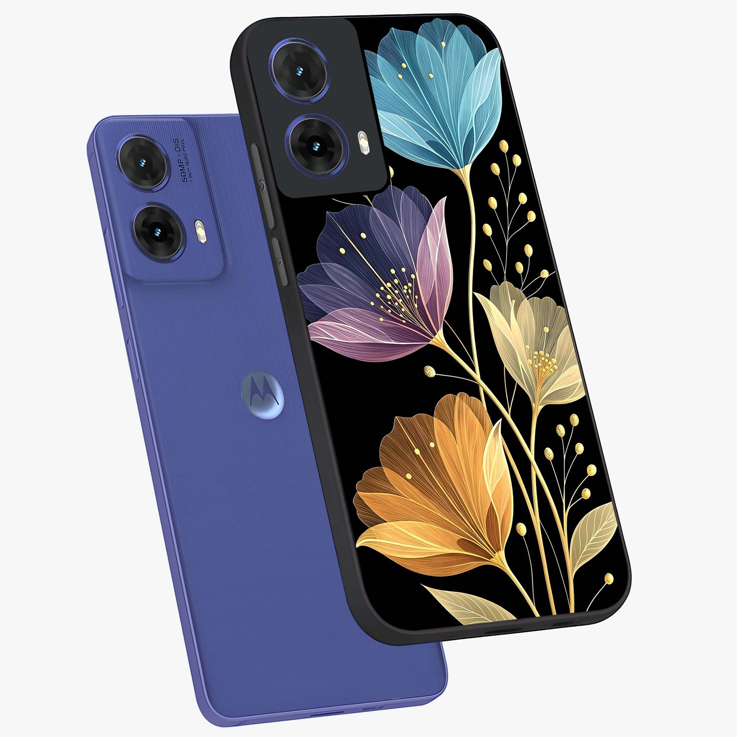 Delicate Multicolor Flowers Glass Case displayed in angled mockup highlighting colorful flower pattern with soft aesthetic style.