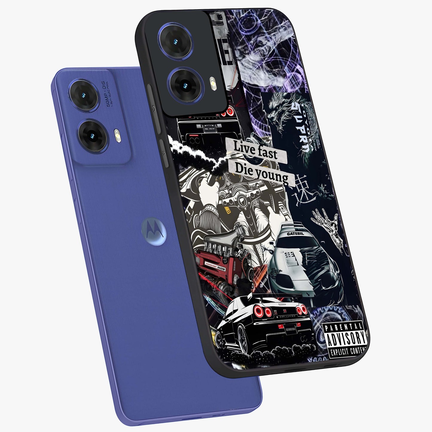 Die Young Glass Case displayed in angled mockup highlighting expressive graphic artwork with edgy aesthetic style.