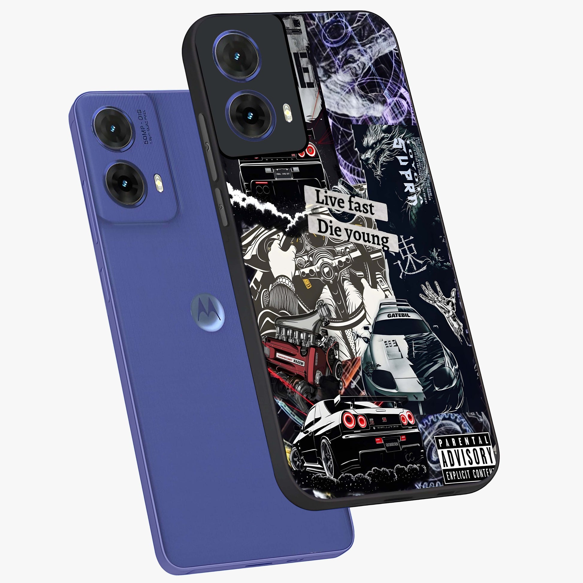 Die Young Glass Case displayed in angled mockup highlighting expressive graphic artwork with edgy aesthetic style.