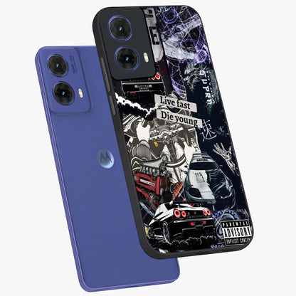 Die Young Glass Case displayed in angled mockup highlighting expressive graphic artwork with edgy aesthetic style.
