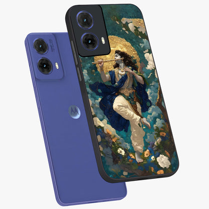 Divine Krishna Art Glass Case displayed in angled mockup highlighting spiritual Krishna illustration with devotional aesthetic.