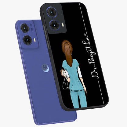 Doctor Pattern Custom Name Glass Case displayed in angled mockup highlighting doctor inspired artwork with custom name feature.