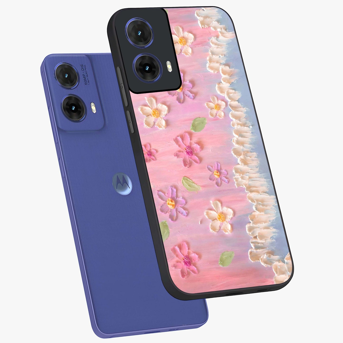 Dreamy Painted Garden Glass Case displayed in angled mockup highlighting colorful garden illustration with dreamy aesthetic style.