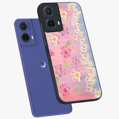 Dreamy Painted Garden Glass Case displayed in angled mockup highlighting colorful garden illustration with dreamy aesthetic style.