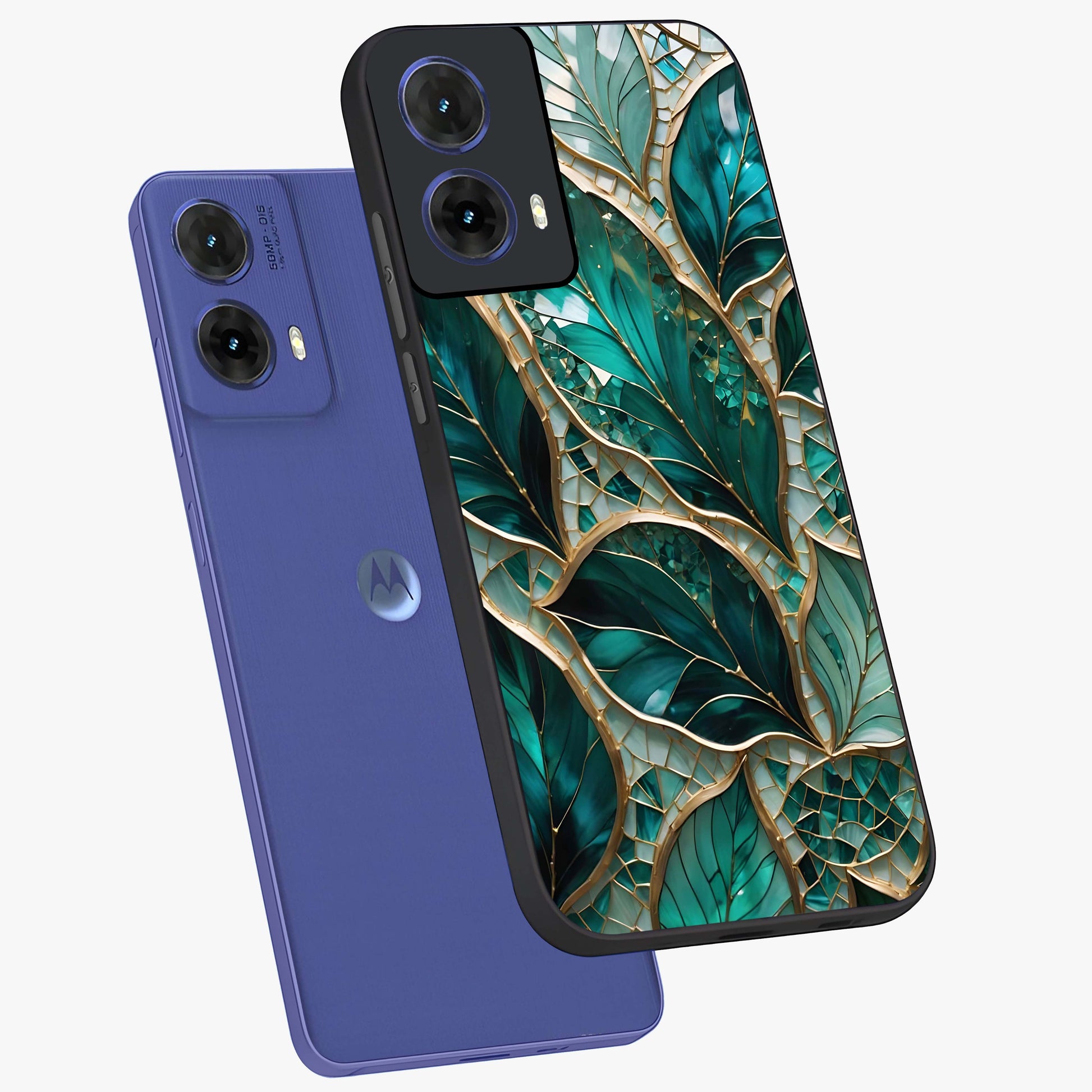 Emerald Leaf Glass Glass Case displayed in angled mockup highlighting botanical leaf illustration with elegant natural aesthetic.
