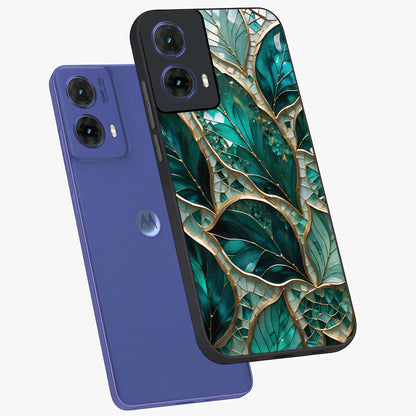 Emerald Leaf Glass Glass Case displayed in angled mockup highlighting botanical leaf illustration with elegant natural aesthetic.