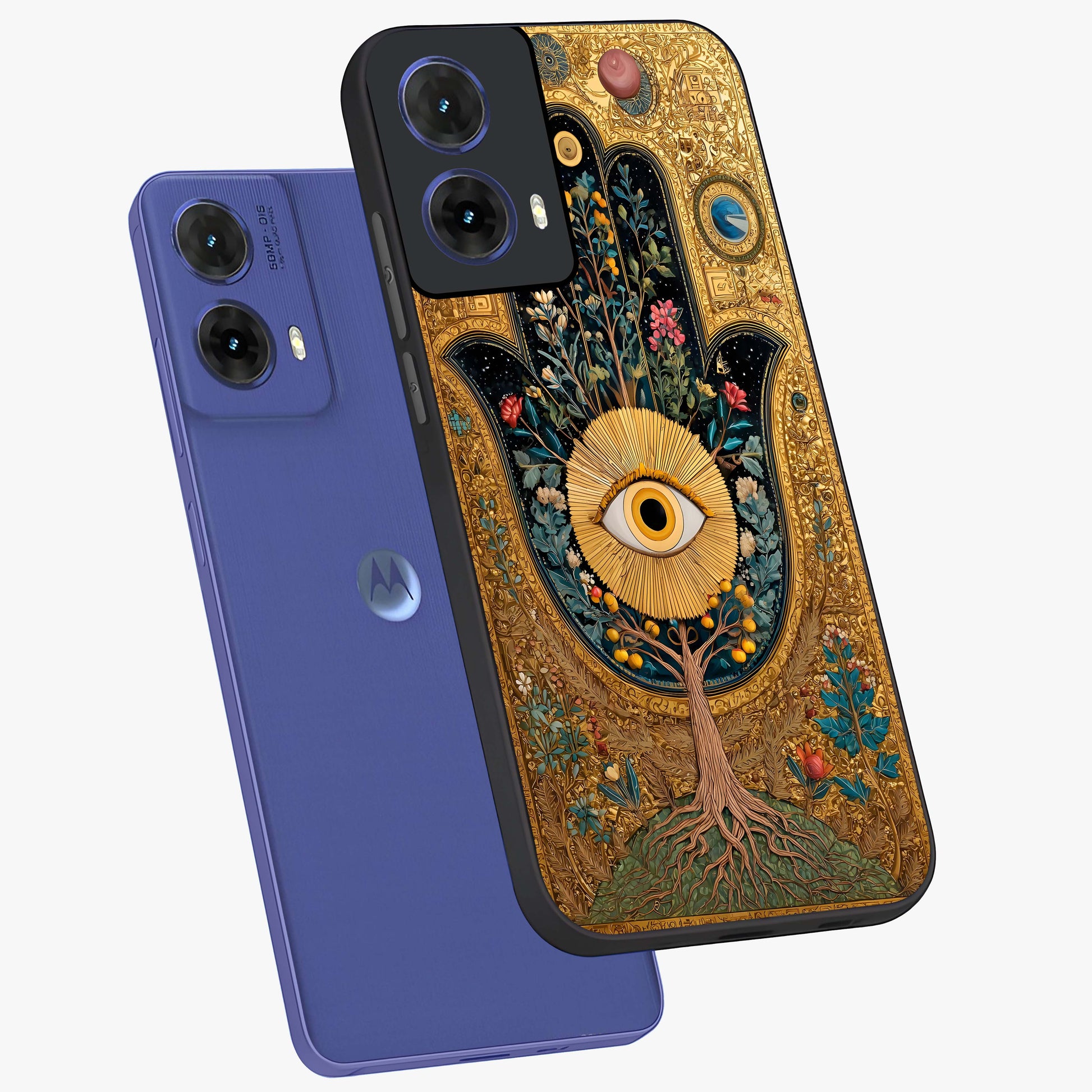 Ethereal Evil Eye Glass Case displayed in angled mockup highlighting protective evil eye symbol with spiritual aesthetic design.