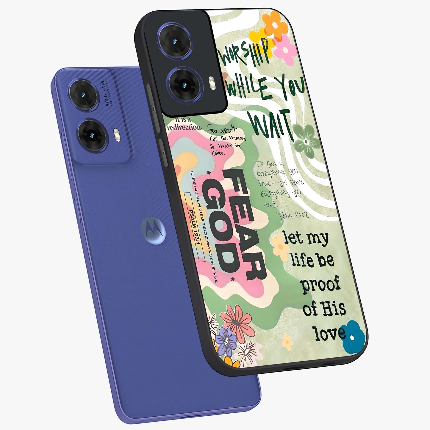 Faith Over Fear Glass Case displayed in angled mockup highlighting inspirational message design with modern aesthetic style.