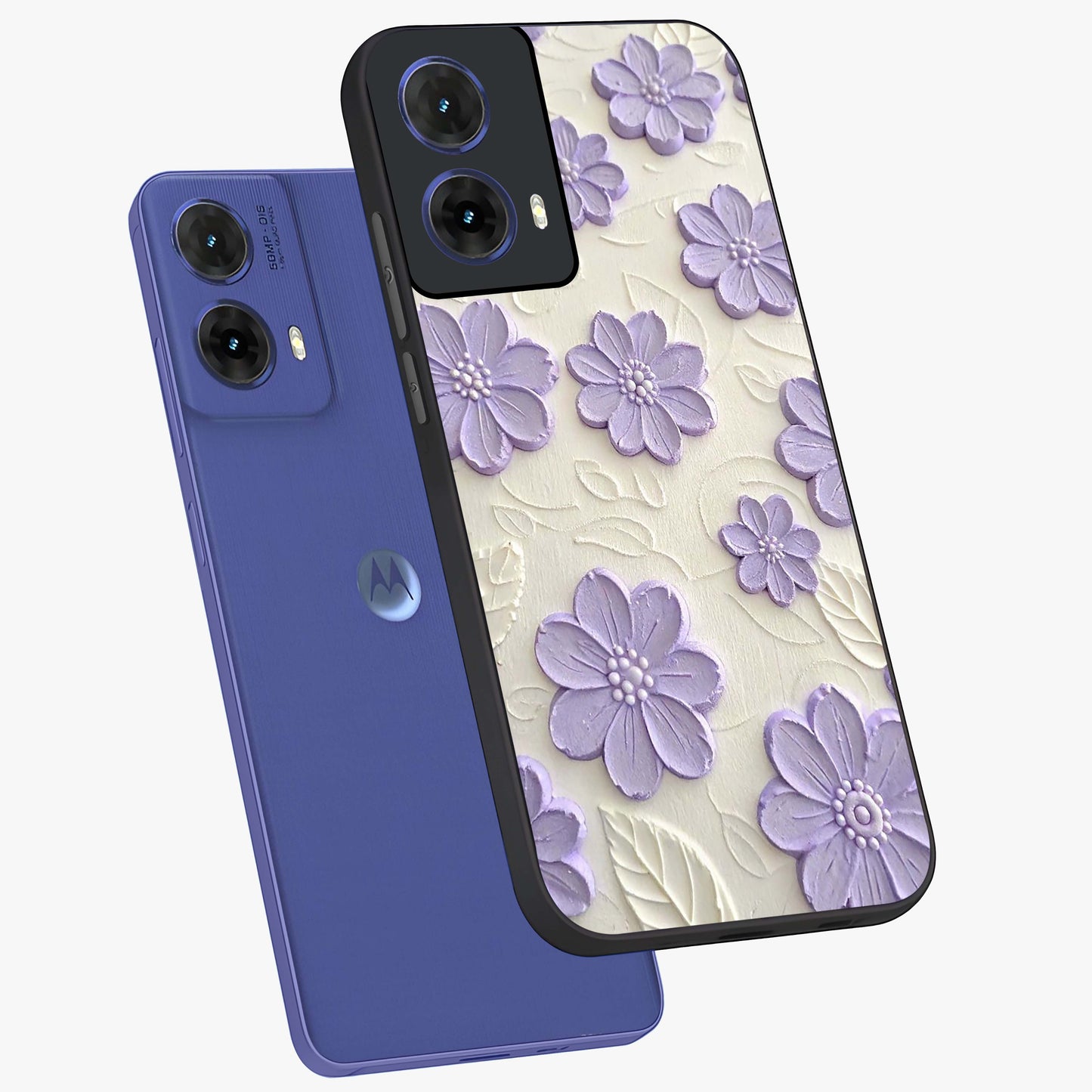 Floral Wall Art With Purple Flowers Glass Case displayed in angled mockup highlighting vibrant purple floral illustration with artistic aesthetic.