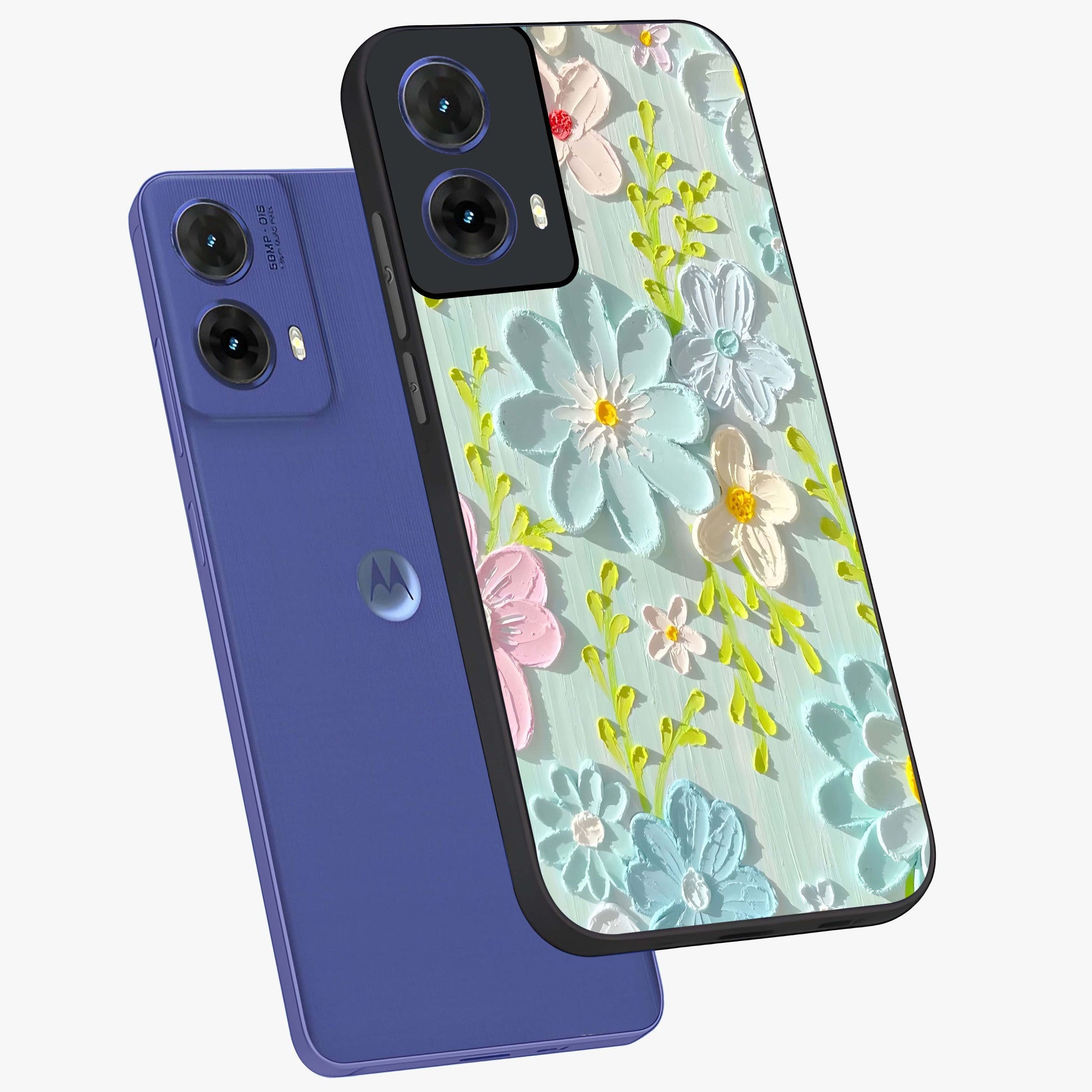 Frosted Petal Garden Glass Case displayed in angled mockup highlighting delicate flower petal design with calm garden aesthetic.