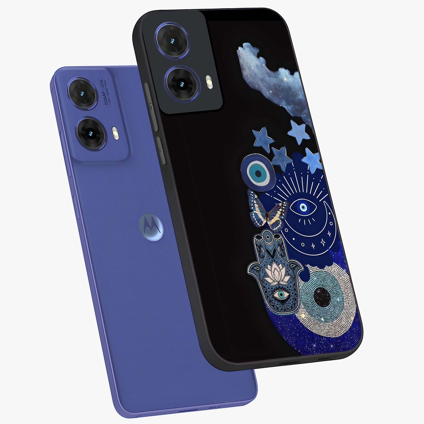 Galactic Charm Cluster Glass Case displayed in angled mockup highlighting luminous galaxy inspired design with dreamy aesthetic.