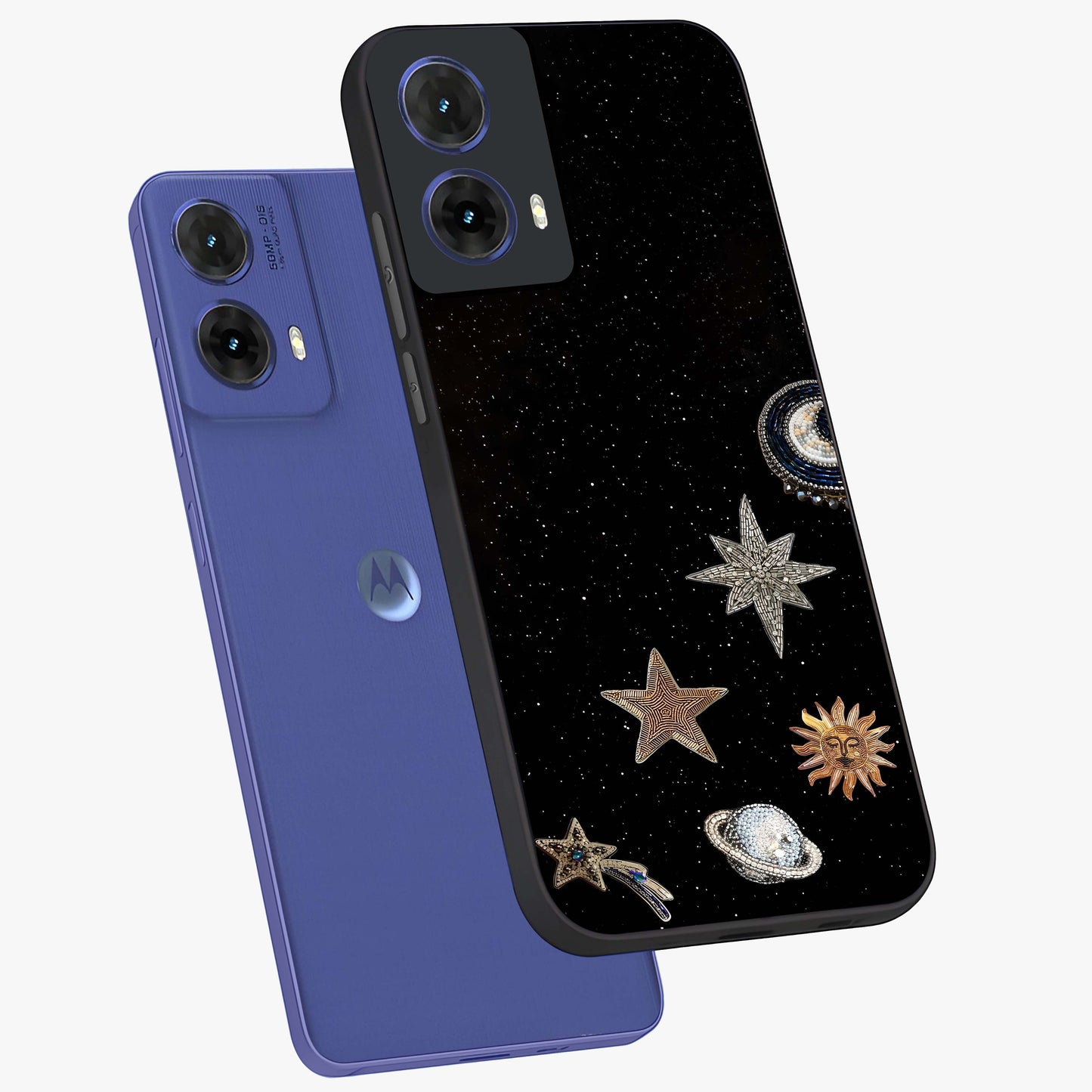 Galactic Charm Glow Glass Case displayed in angled mockup highlighting luminous galaxy inspired design with dreamy aesthetic.