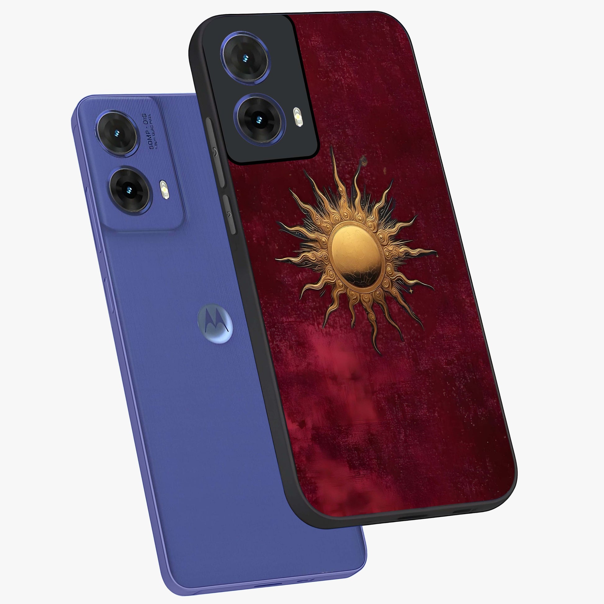 Golden Sun Minimalism Glass Case displayed in angled mockup highlighting clean sun symbol design with modern minimal aesthetic.