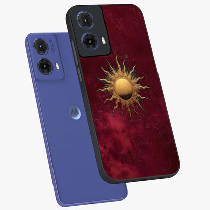Golden Sun Minimalism Glass Case displayed in angled mockup highlighting clean sun symbol design with modern minimal aesthetic.