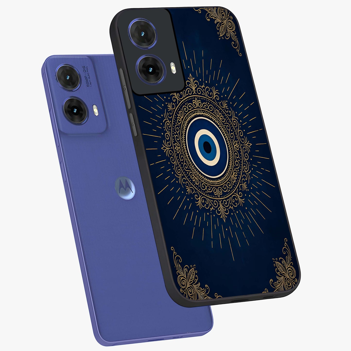Golden Celestial Charm Glass Case displayed in angled mockup highlighting sparkling cosmic charm design with celestial aesthetic.
