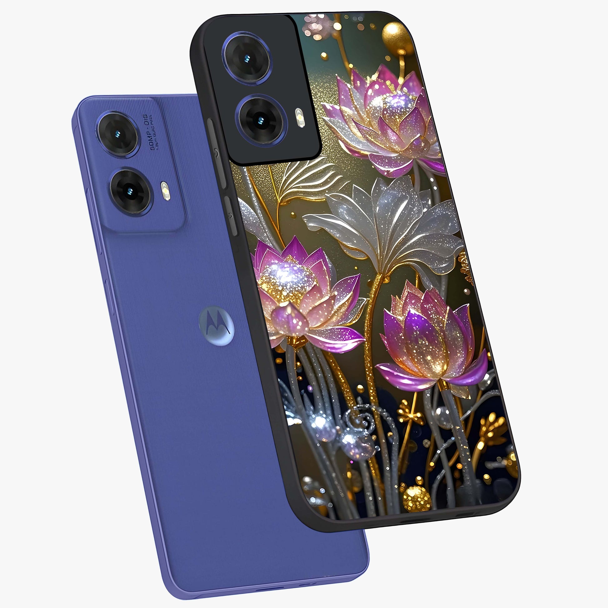 Golden Floral Majesty Glass Case displayed in angled mockup highlighting elegant flower design with royal golden aesthetic.