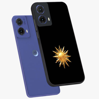 Golden Sun Minimalism Glass Case displayed in angled mockup highlighting eerie shadow illustration with gothic aesthetic.