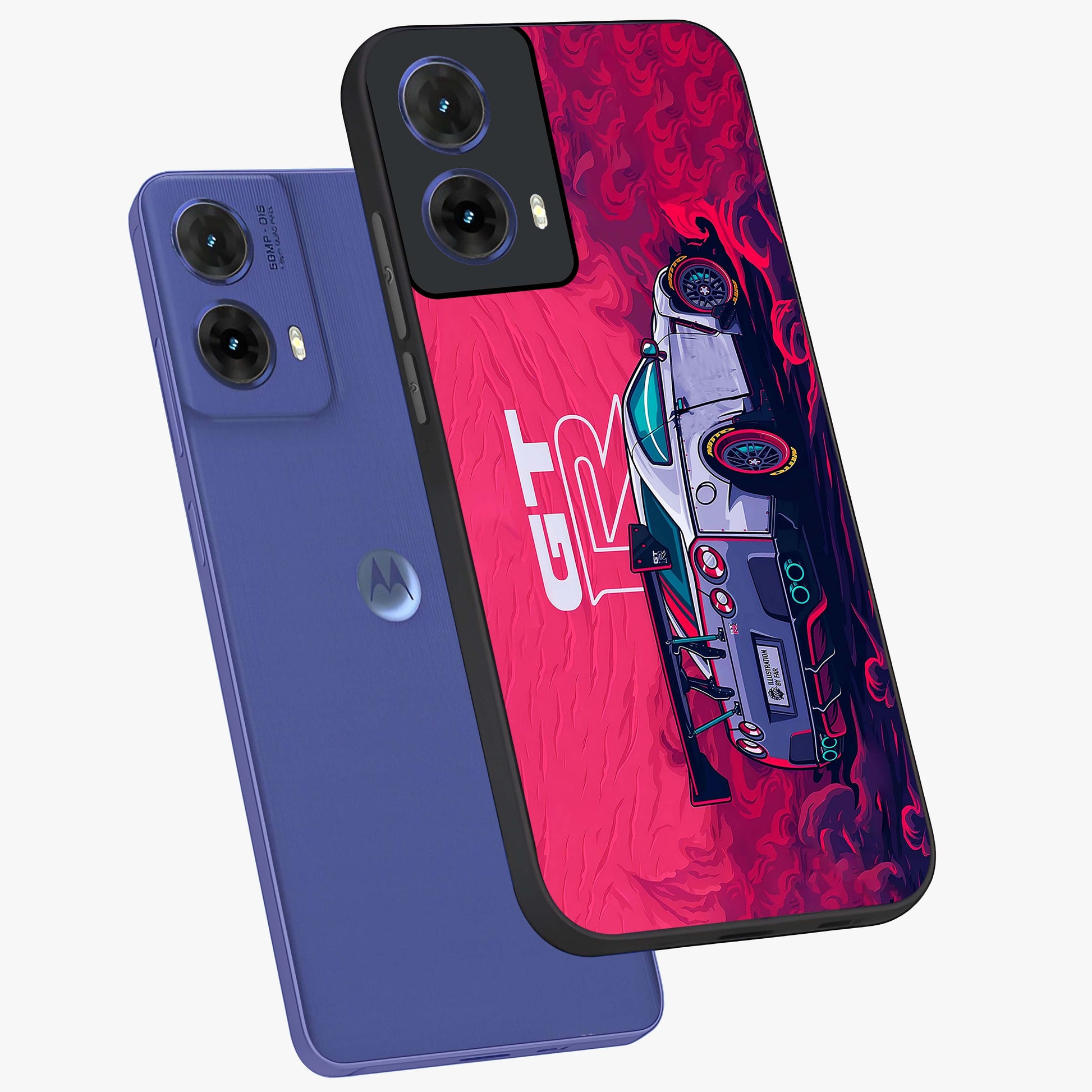 GT-R Car Pattern Glass Case displayed in angled mockup highlighting racing car graphic design with bold automotive aesthetic.