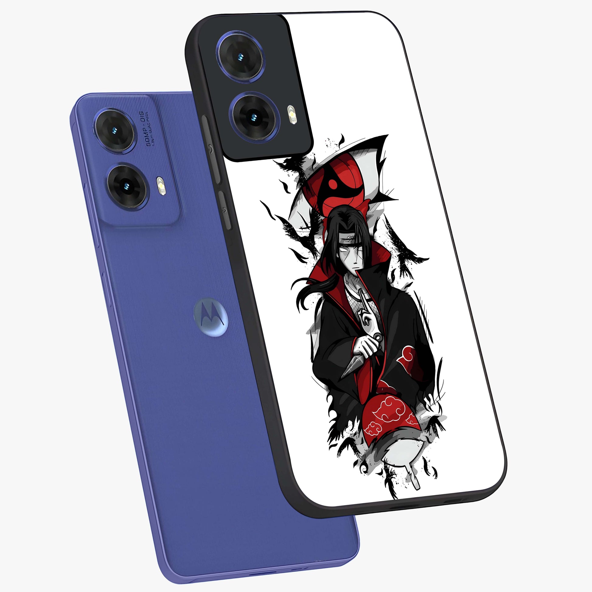 Itachi Limited Edition Naruto Anime Glass Case displayed in angled mockup highlighting dramatic anime illustration with bold action aesthetic.
