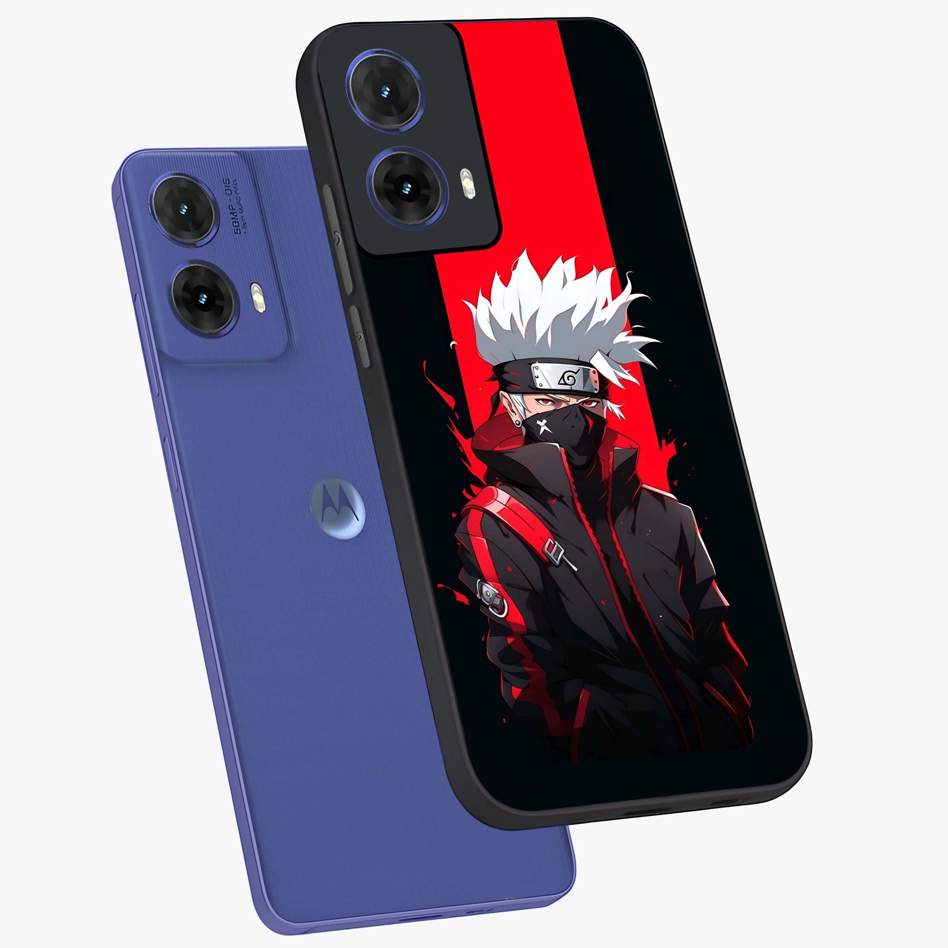 Kakashi Scarlet Shadow Glass Case displayed in angled mockup highlighting dramatic ninja illustration with scarlet themed aesthetic.