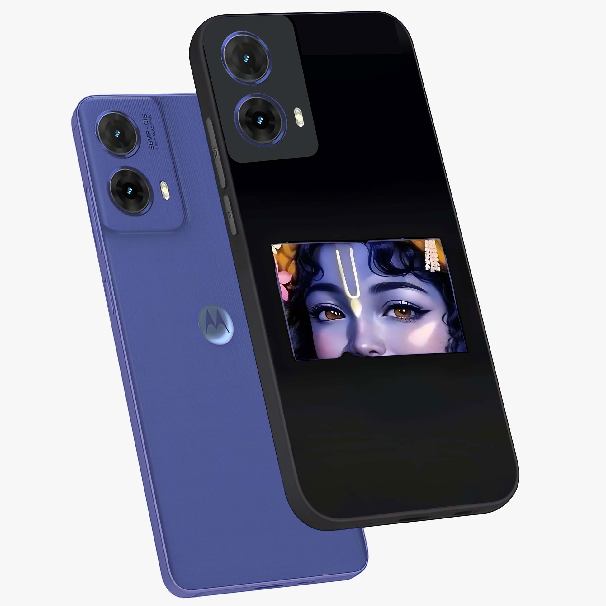 Krishna Divine Embrace Glass Case displayed in angled mockup highlighting divine Krishna illustration with spiritual aesthetic.