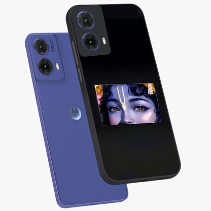 Krishna Divine Embrace Glass Case displayed in angled mockup highlighting divine Krishna illustration with spiritual aesthetic.