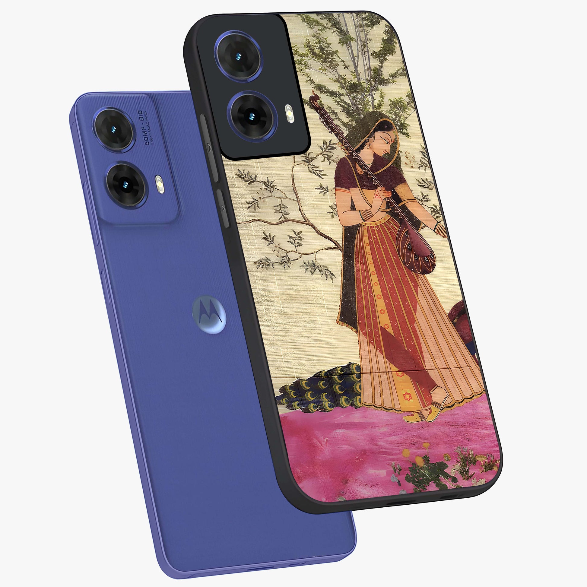 Lady With Veena Art Glass Case displayed in angled mockup highlighting graceful musical illustration with cultural artistic aesthetic.