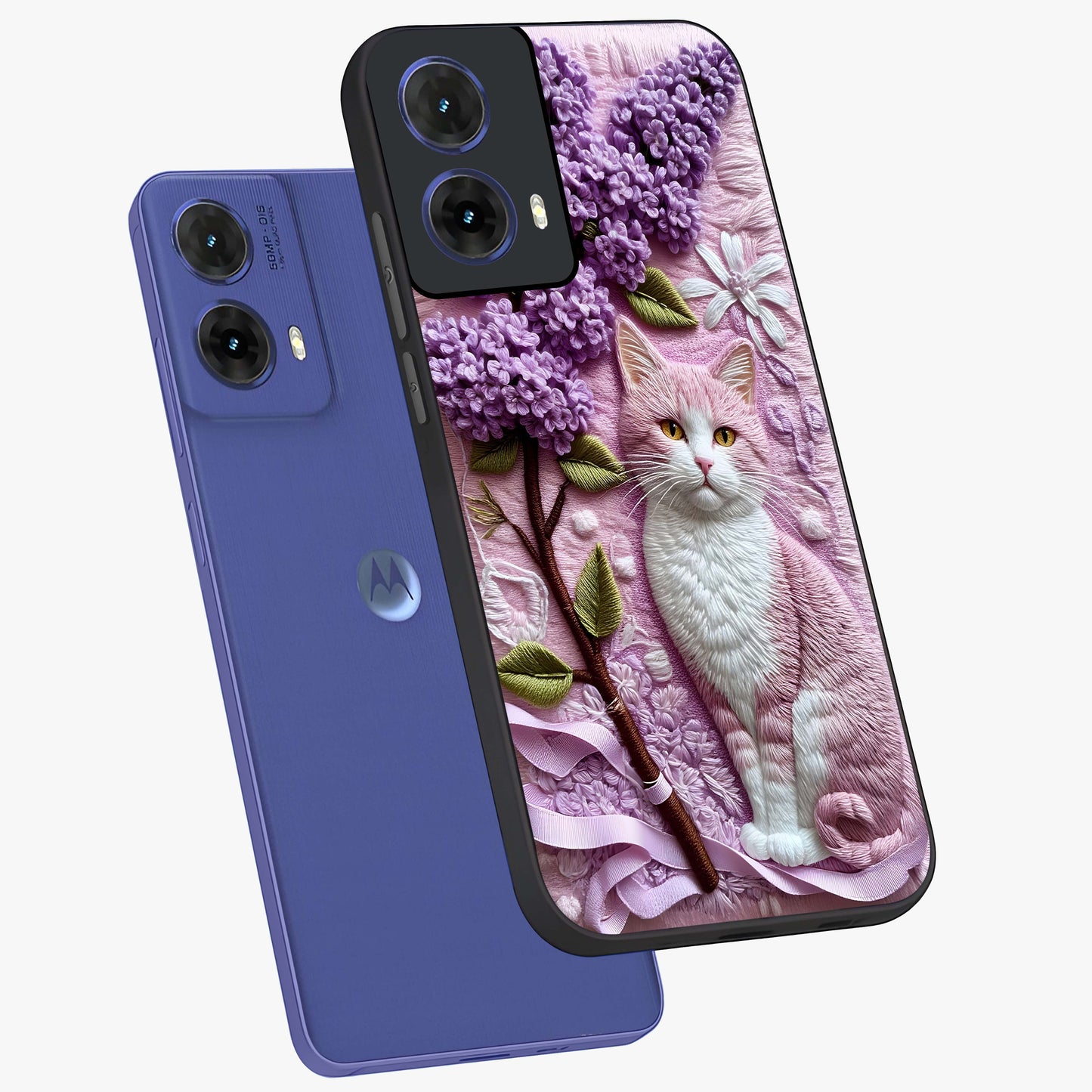 Lavender Cat Whimsy Glass Case displayed in angled mockup highlighting playful feline illustration with pastel lavender aesthetic.