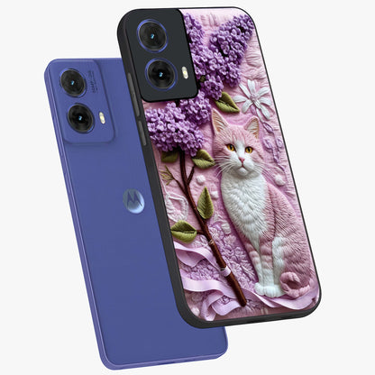 Lavender Cat Whimsy Glass Case displayed in angled mockup highlighting playful feline illustration with pastel lavender aesthetic.