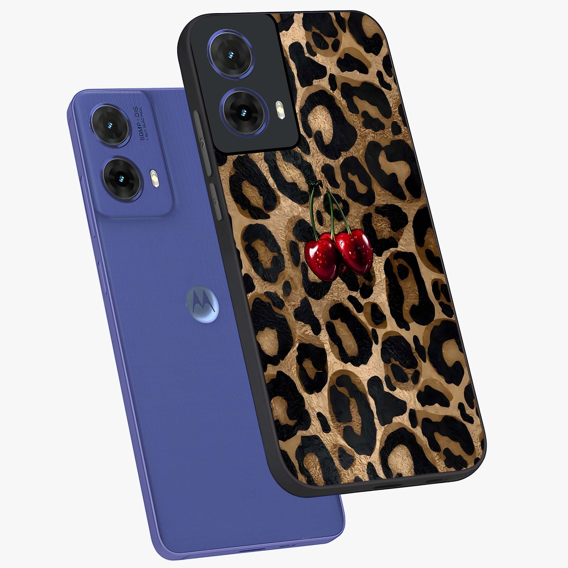 Leopard Wild Cherry Glass Case displayed in angled mockup highlighting bold animal print design with playful cherry aesthetic.