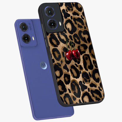 Leopard Wild Cherry Glass Case displayed in angled mockup highlighting bold animal print design with playful cherry aesthetic.