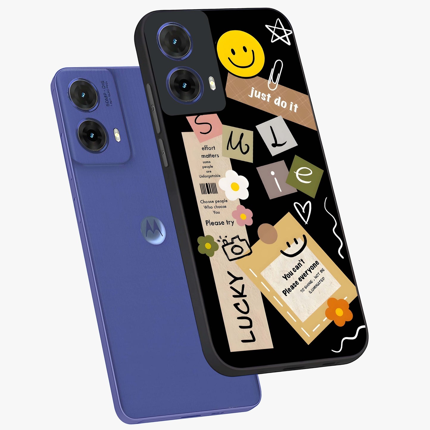 Lucky Aesthetic Collage Glass Case displayed in angled mockup highlighting stylish collage pattern with modern aesthetic vibe.