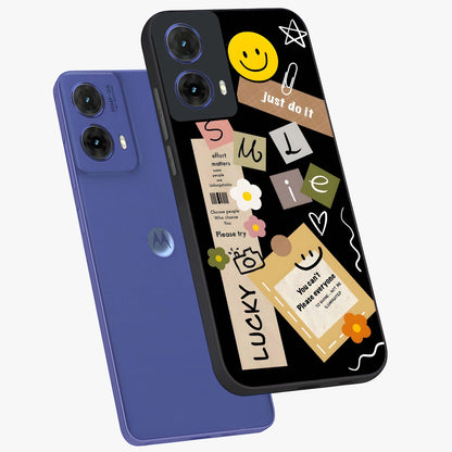 Lucky Aesthetic Collage Glass Case displayed in angled mockup highlighting stylish collage pattern with modern aesthetic vibe.