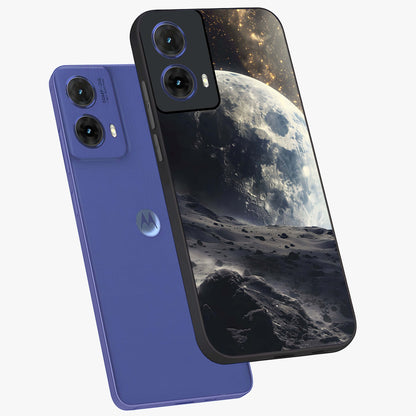 Lunar Horizon Glow Glass Case displayed in angled mockup highlighting celestial moon design with dreamy night aesthetic.