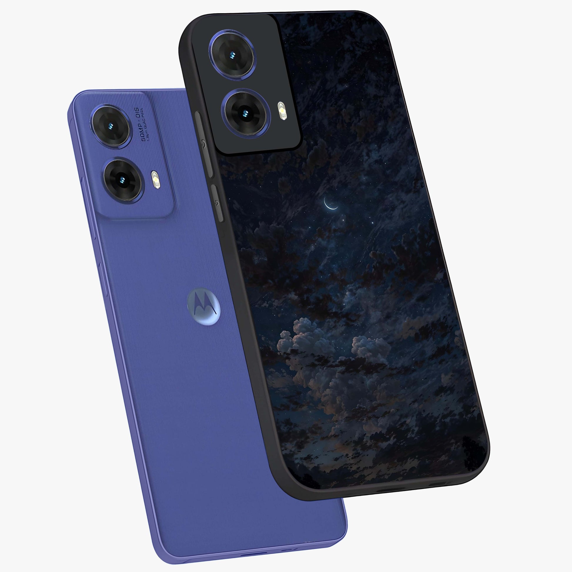 Lunar Veil Silence Glass Case displayed in angled mockup highlighting soft lunar design with peaceful celestial aesthetic.