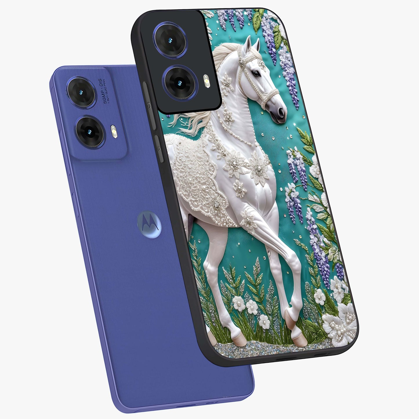 Majestic Floral Stallion Glass Case displayed in angled mockup highlighting majestic stallion illustration with elegant floral aesthetic.