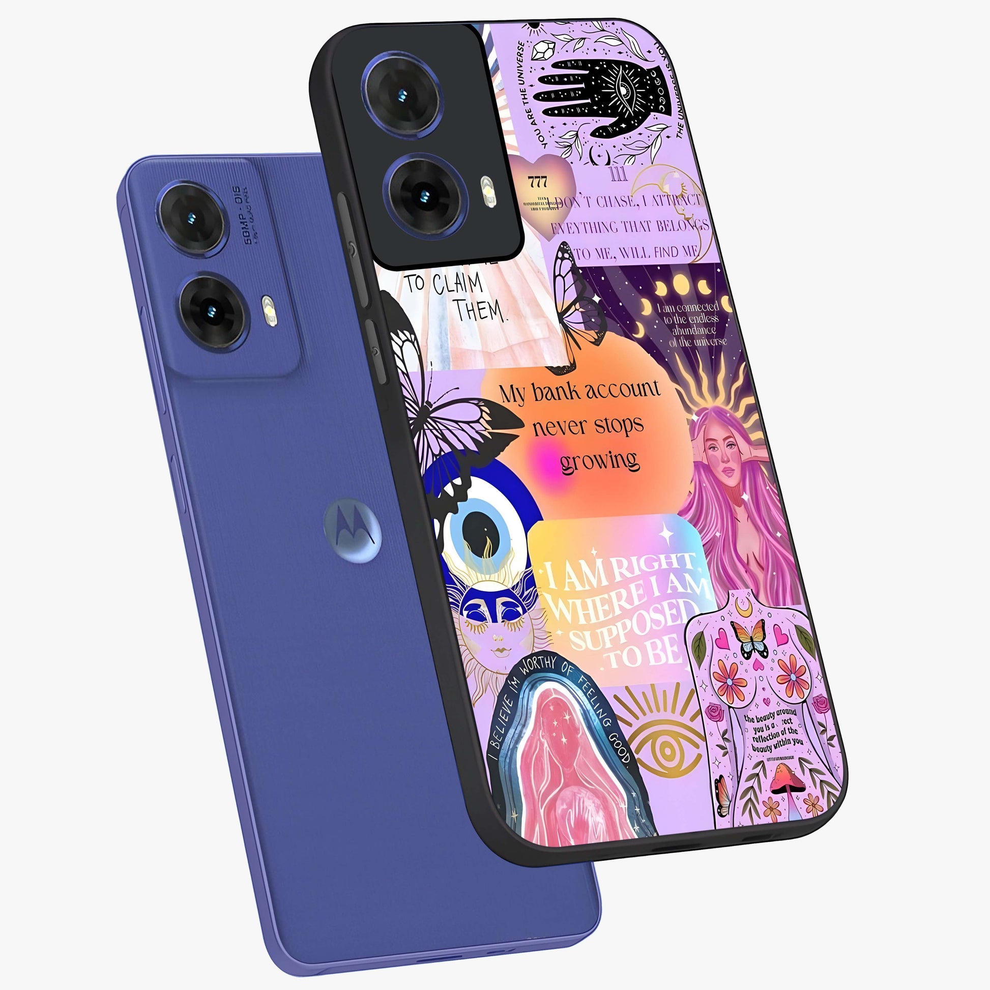 Manifestation Collage Glass Case displayed in angled mockup highlighting inspirational aesthetic collage design.