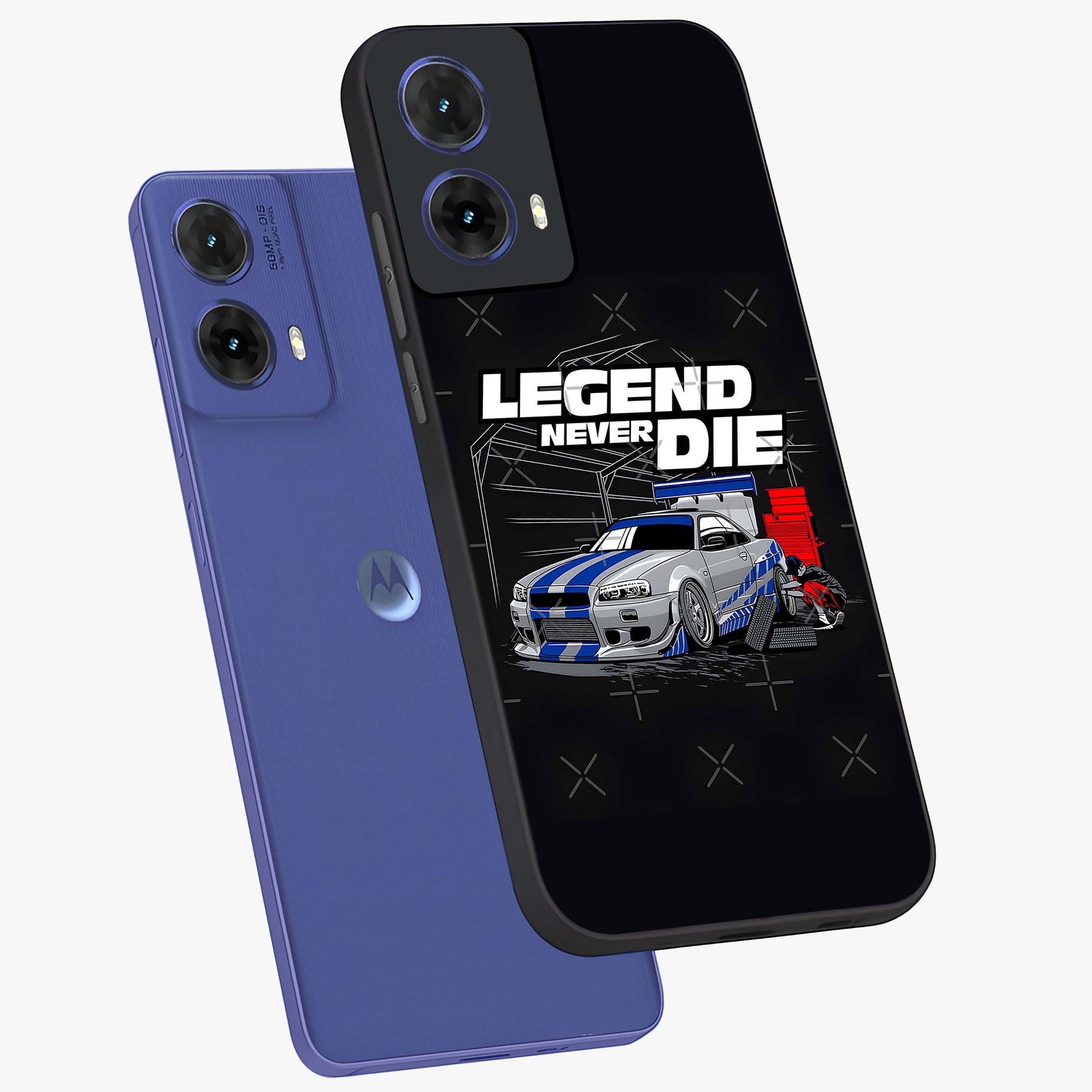 Midnight Racing Legacy Glass Case displayed in angled mockup highlighting dynamic automotive design with bold midnight aesthetic.