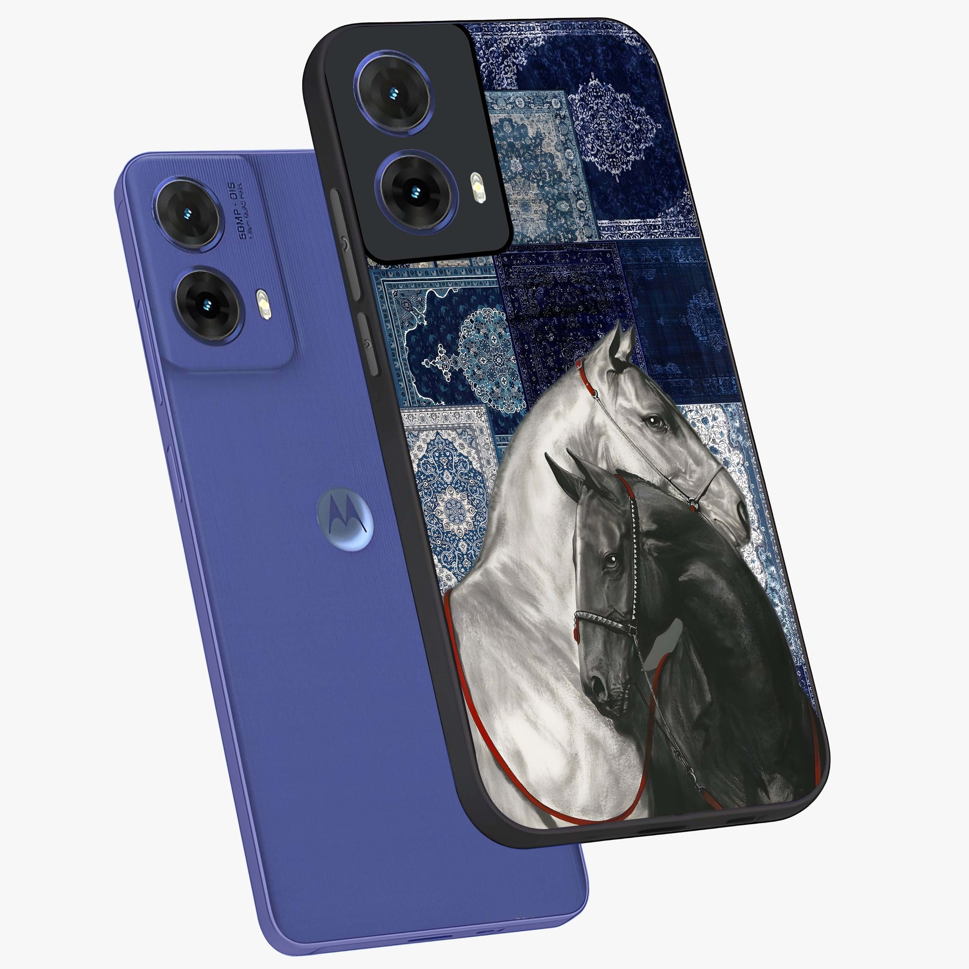 Midnight Stallion Blues Glass Case displayed in angled mockup highlighting powerful stallion illustration with deep midnight tones.