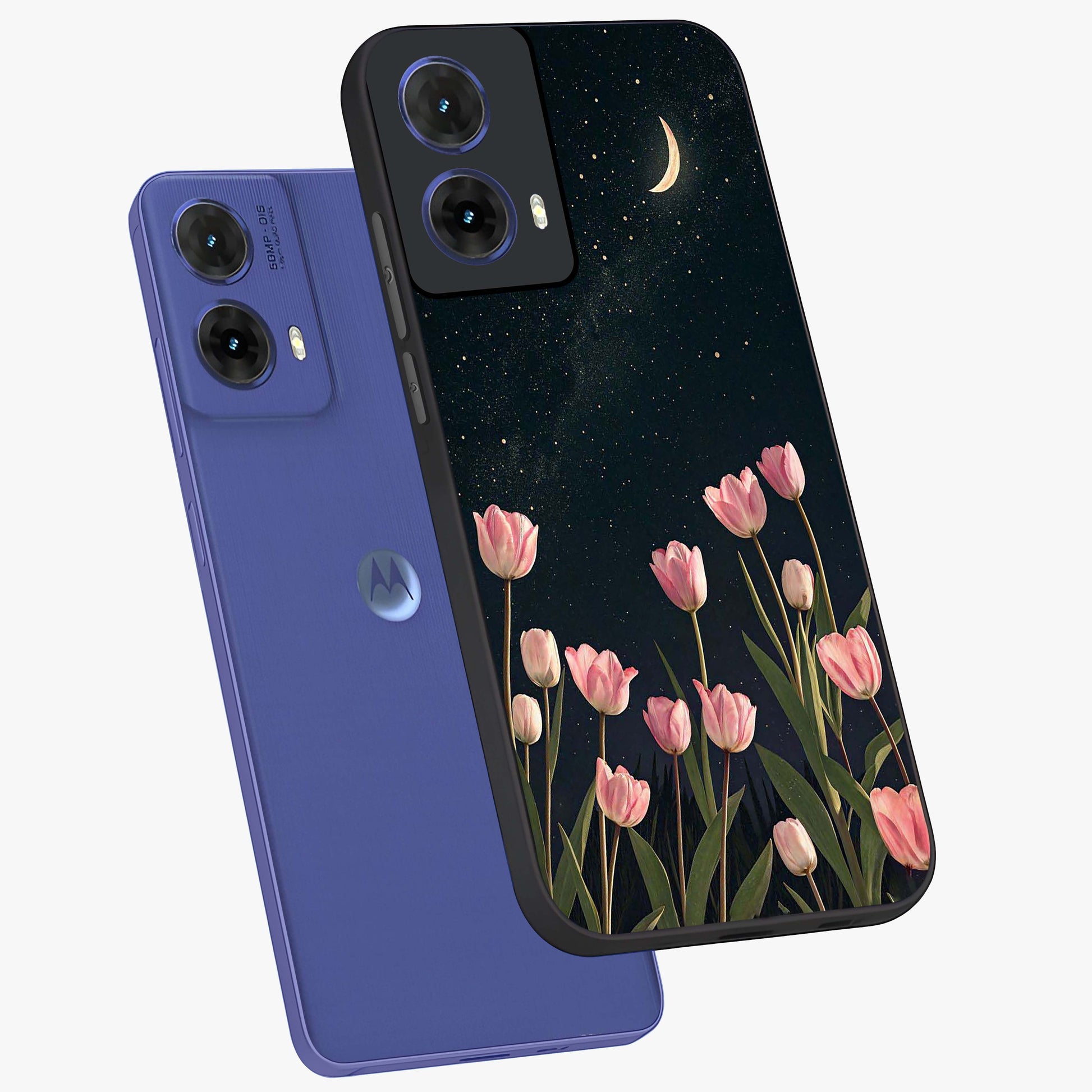 Midnight Tulip Whispers Vibe Glass Case displayed in angled mockup highlighting delicate tulip design with midnight floral aesthetic.
