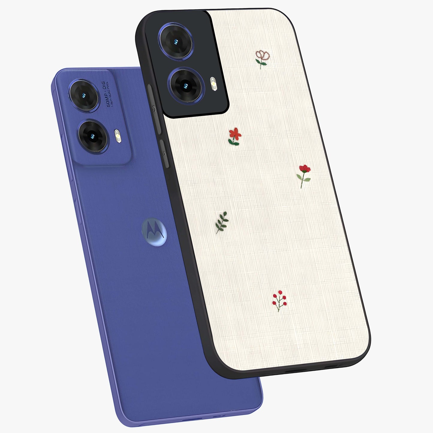 Minimalistic Blue With White Flower Pattern Glass Case displayed in angled mockup highlighting simple floral design with minimal aesthetic.