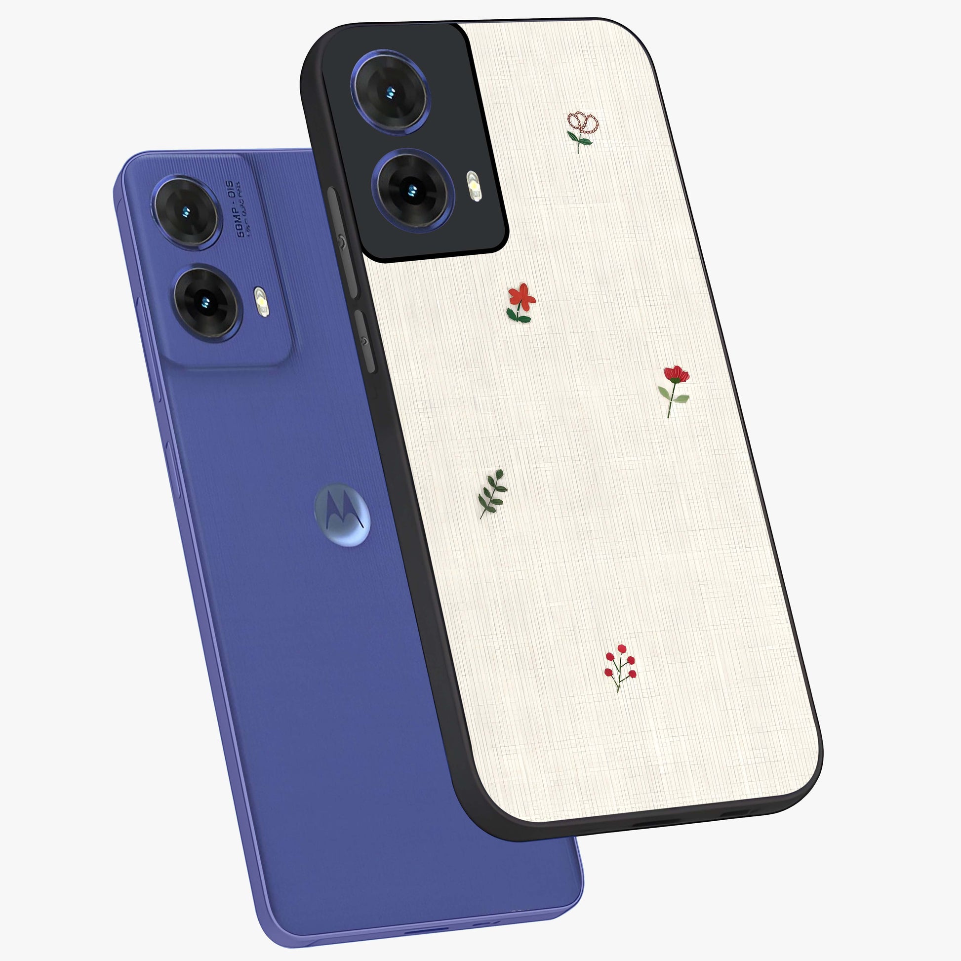 Minimalistic Blue With White Flower Pattern Glass Case displayed in angled mockup highlighting simple floral design with minimal aesthetic.