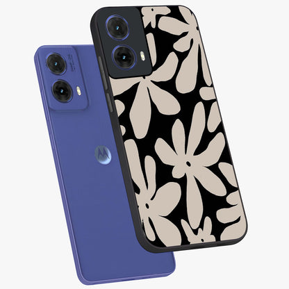 Monochrome Petal Dance Glass Case displayed in angled mockup highlighting elegant petal design with black and white aesthetic.