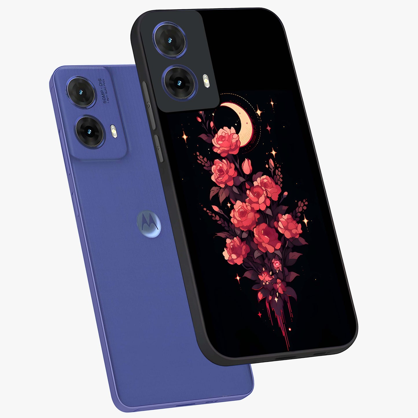 Moonlit Floral Elegance Glass Case displayed in angled mockup highlighting graceful flower design with soft moonlight aesthetic.