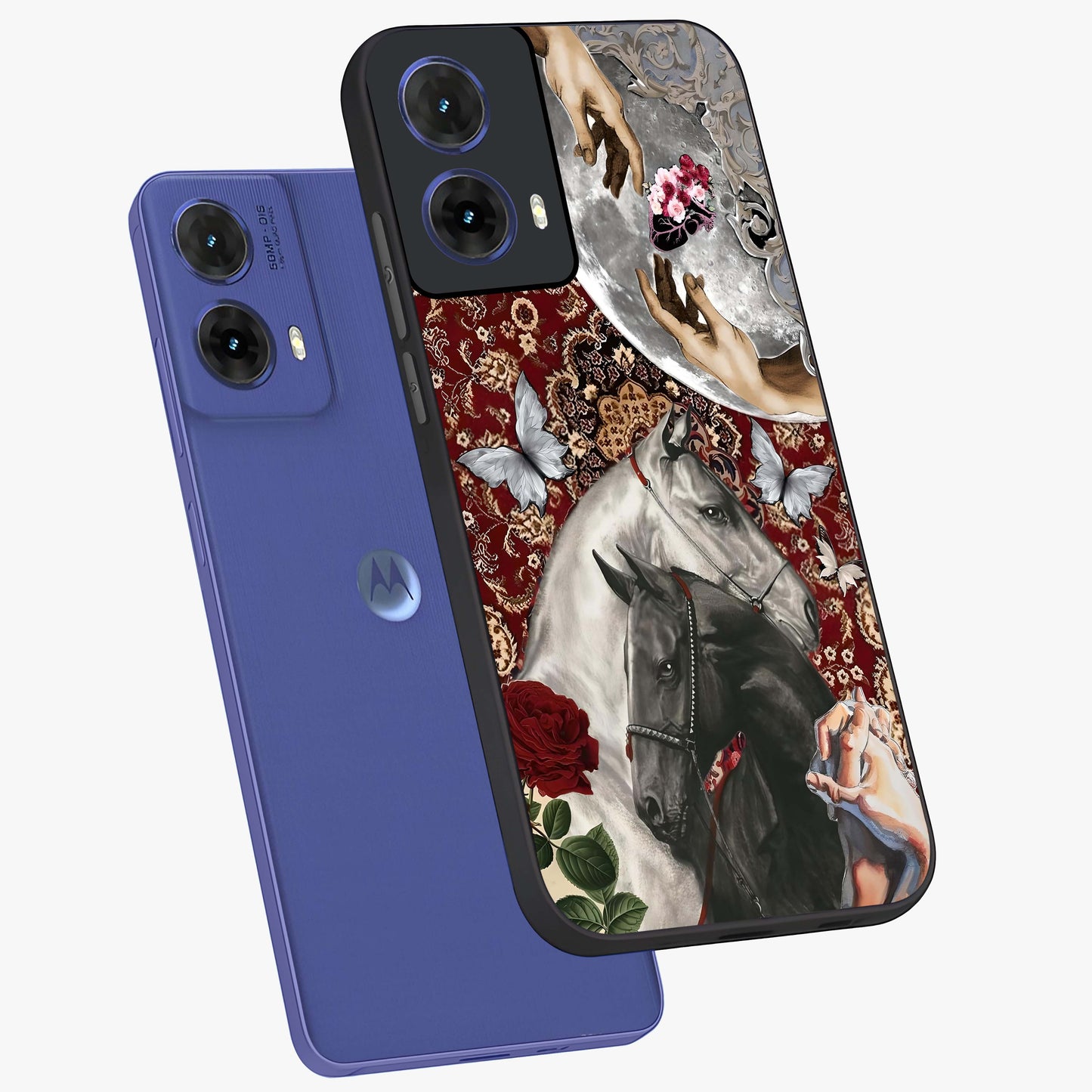 Moonlit Royal Stallion Glass Case displayed in angled mockup highlighting powerful stallion illustration with royal night aesthetic.