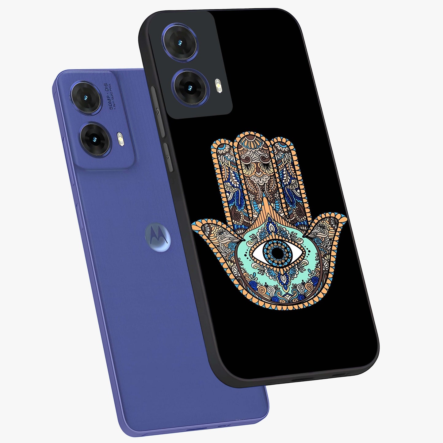 Mystic Hamsa Eye Glass Case displayed in angled mockup highlighting spiritual hamsa symbol with mystical aesthetic style.