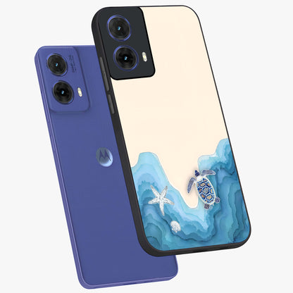 Ocean Drift Turtle Glass Case displayed in angled mockup highlighting peaceful ocean turtle illustration with marine aesthetic.