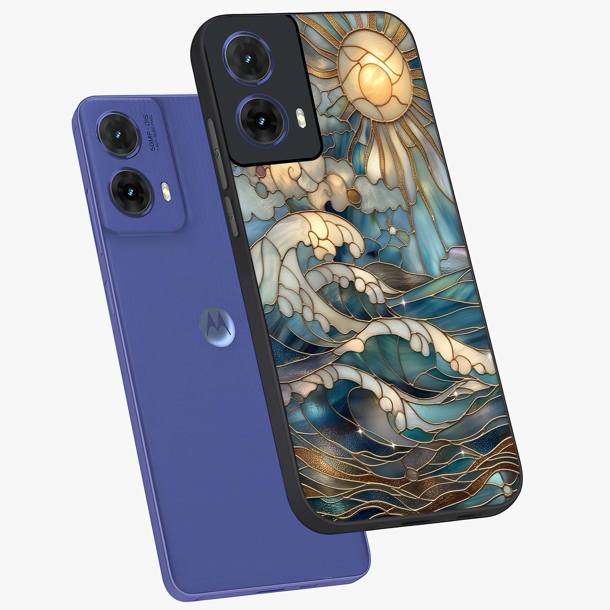 Oceanic Stained Printed Glass Case displayed in angled mockup highlighting colorful aquatic design with artistic aesthetic style.